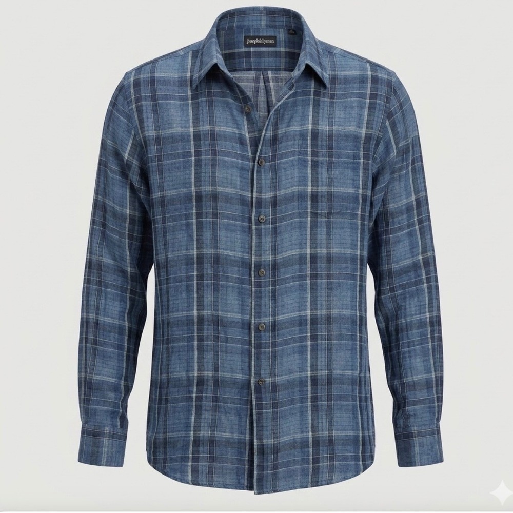 Joseph & Lyman Mens Blue Plaid 100% Linen Button‎ Down Shirt Long Sleeve L/XL